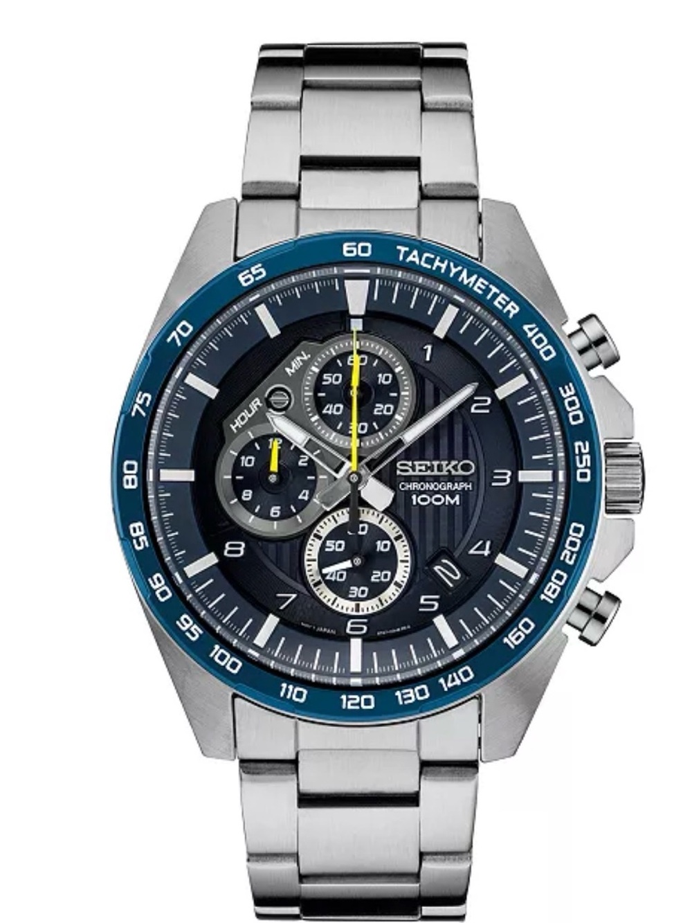 Seiko Blue and Silver Stainless Steel Chronograph Watch Mens